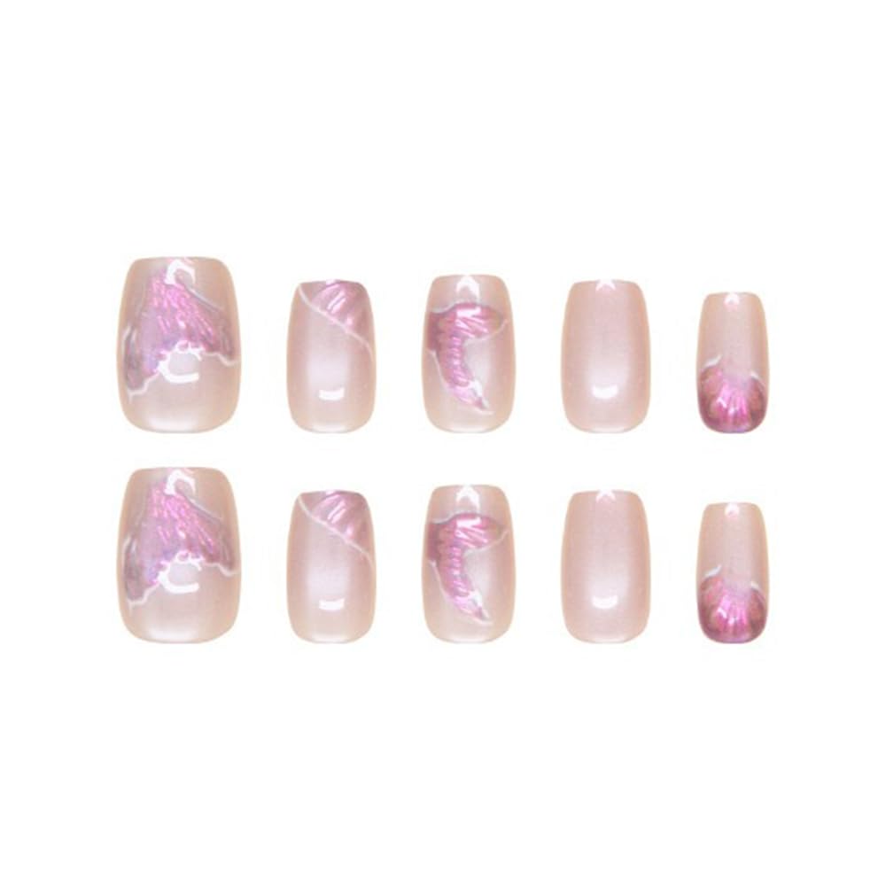 S.A.V.I 30 Pcs Short Square Nude Purple Mermaid Tail Cat Eye Press-On Nails | Glossy Finish | Reusable Artificial Nail Set for Women | Easy Application (No Liquid Glue Included)