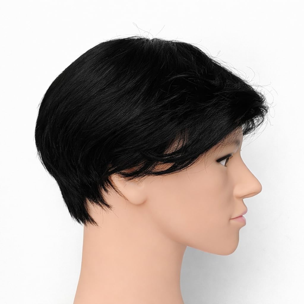 S.A.V.I Black Mid Part Men’s Wig – 100% Human Hair Patch, Natural Straight Layered Cut with Realistic Scalp, Lightweight Breathable Cap, Undetectable Toupee for Men