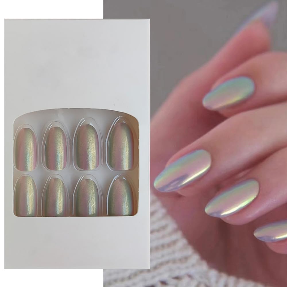 S.A.V.I 24pc Chrome Silver Aurora Press-On Nails - Medium Round with Adhesive Tabs Glue