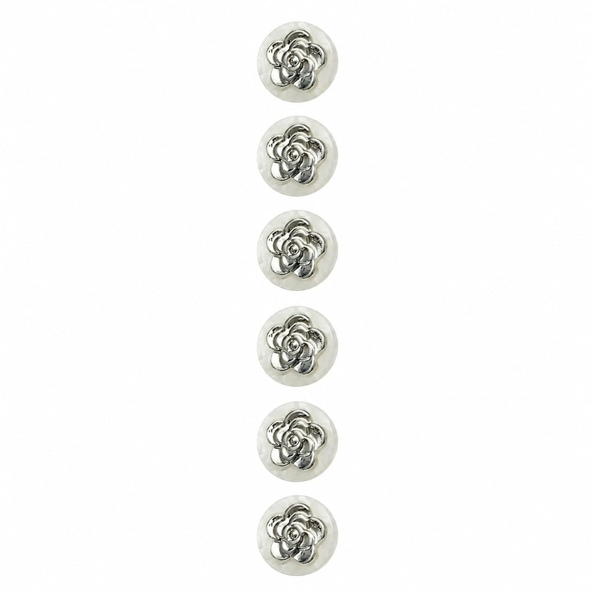 S.A.V.I Silver Camellia Shank Buttons for Kurti, 11mm, Set of 6 | White Pearl-Look, Floral Design, For Blouse & Dress, Craft Projects, Decorative Embellishments
