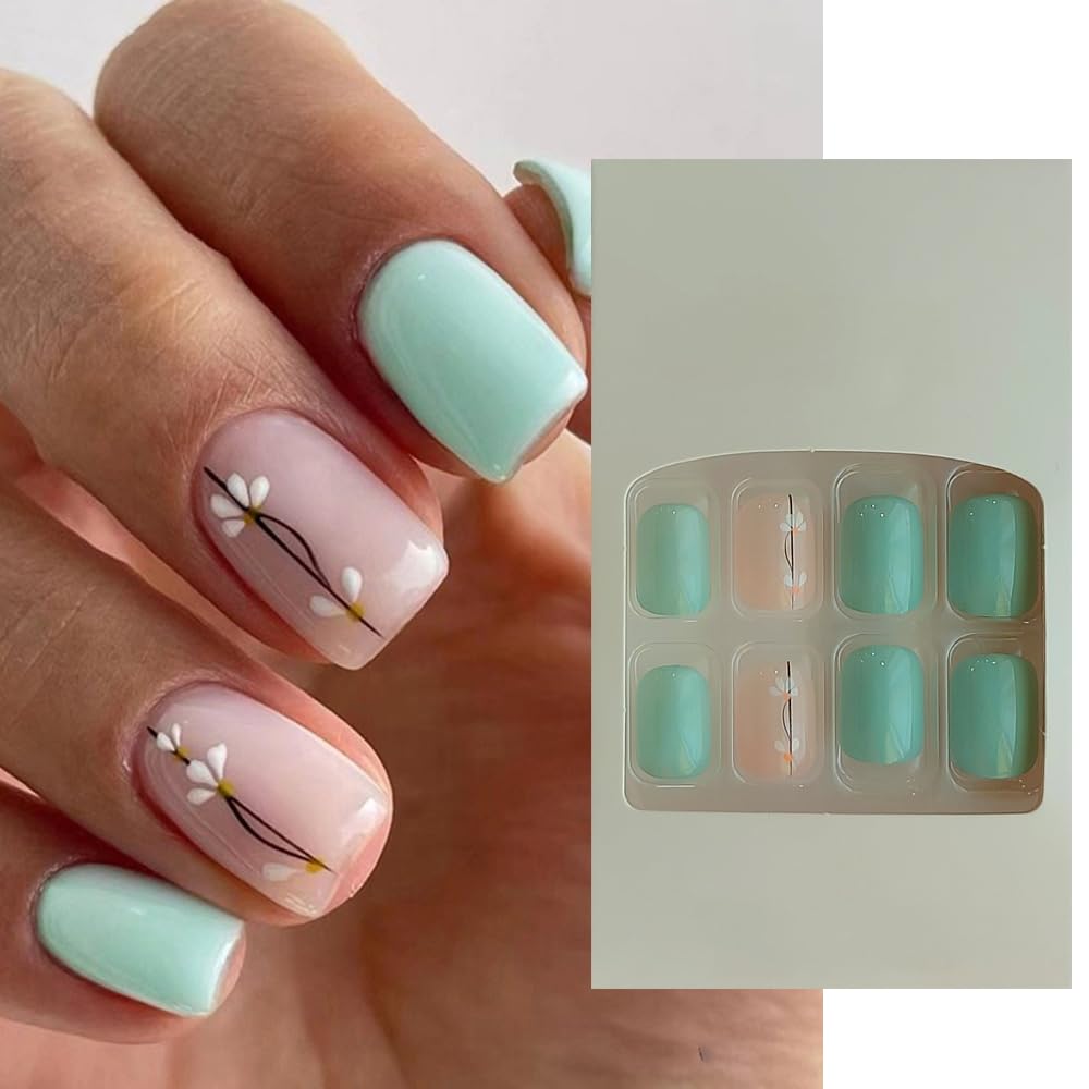 S.A.V.I 24Pc Mint Nude Floral Short Square Press-On Nails - Adhesive Tabs Glue Included