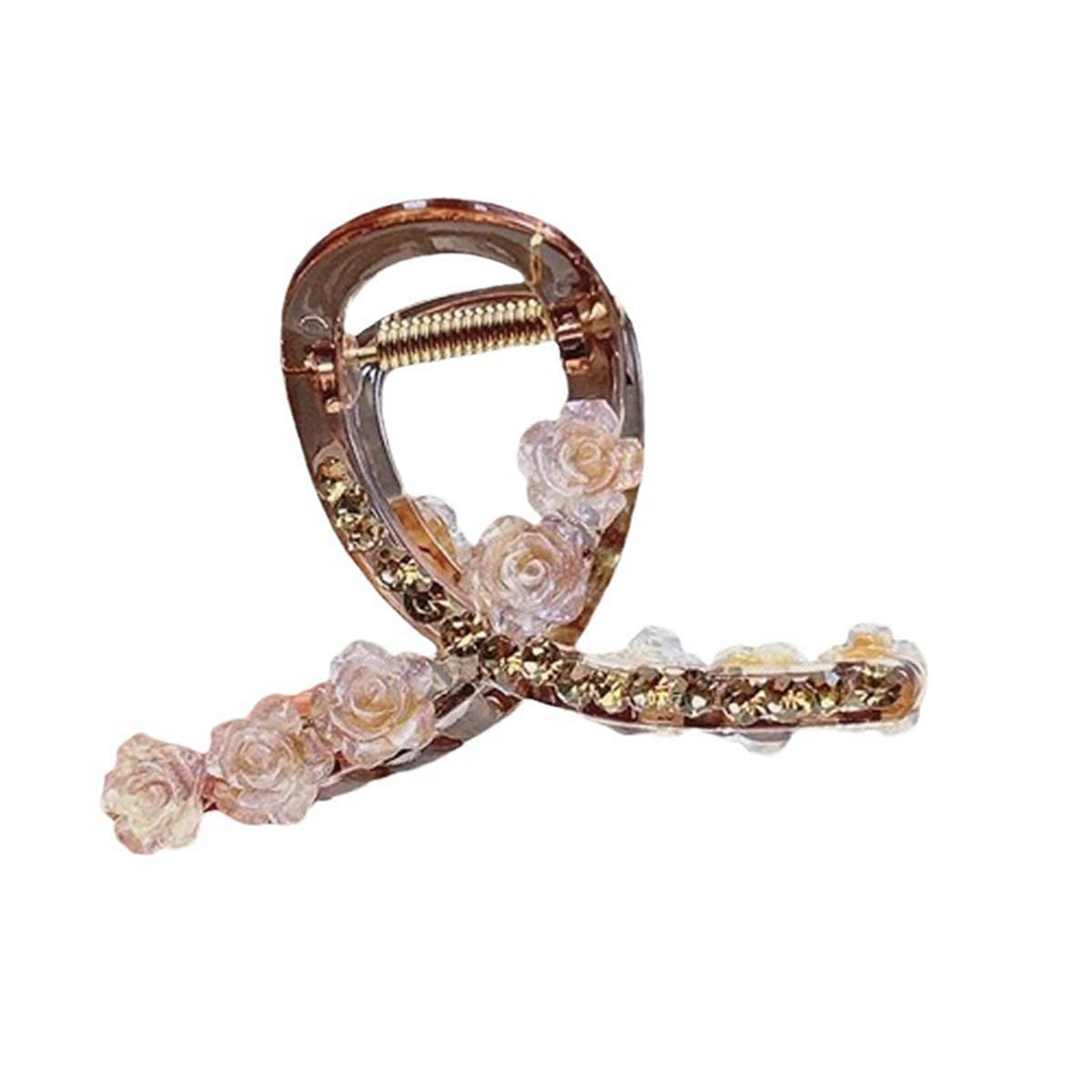 S.A.V.I Beige Resin Flower Hair Claw Clip for Women (8 cm) | Rhinestone Floral Design, Durable Acrylic Curved Clutch, Strong Grip Hair Accessory for Bun, Updo & Daily Styling