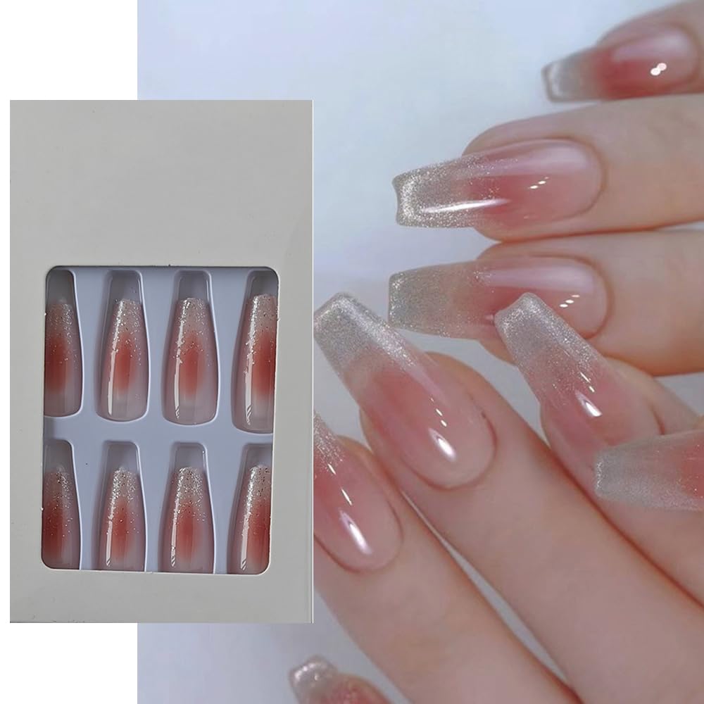 S.A.V.I 24 PCs Long Coffin Shape Nude Blush Glitter Press-on Fake Nails - DIY Manicure Set - Durable, Easy Application, and Reusable - For Salon-Quality Results at Home