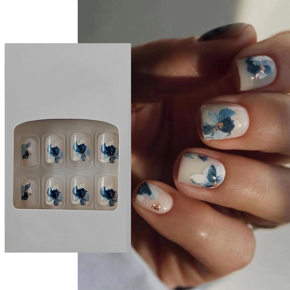 S.A.V.I 24 PCs Reusable Short Natural Shape Nude Flower Print Press-on Fake Nails DIY Manicure Set - Easy Application, Durable Stylish False Nails for Salon-Quality at Home
