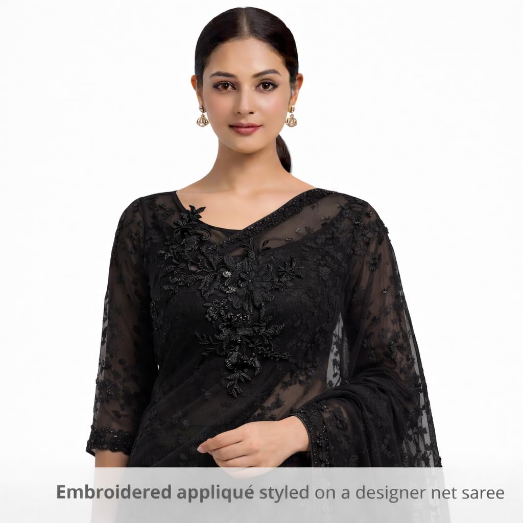 S.A.V.I Black Floral Embroidered Appliqué Patch 25x29 cm | Net Fabric 3D Flower Sequins Motif | Sew-On Design for Saree, Blouse, Gown & Kurtis (Black)