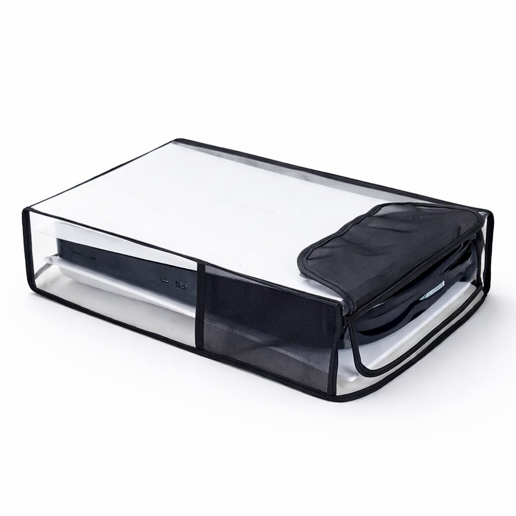 S.A.V.I Dustproof Breathable Cover for PS5 Slim Horizontal Console, Black & Transparent Mesh with TPU Case, Flip-Open Cooling Design, Scratch & Water Resistant Protection (Horizontal)
