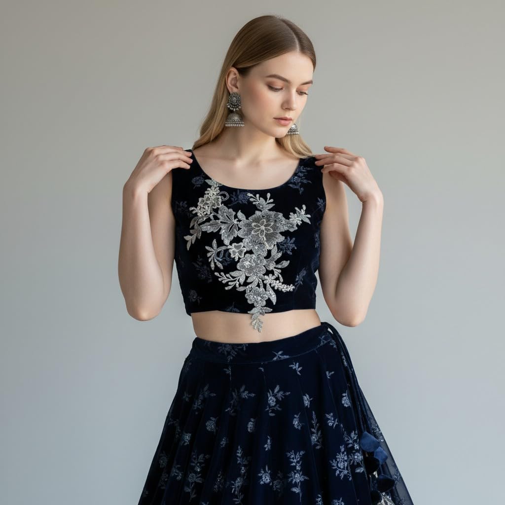 S.A.V.I Grey Floral Embroidered Applique Patch 25x29 cm | Sequin & Thread Work | Leaf Vine Design Sew-On Lace Motif for Blouse, Lehenga, Gown & Ethnic Clothes (Grey)