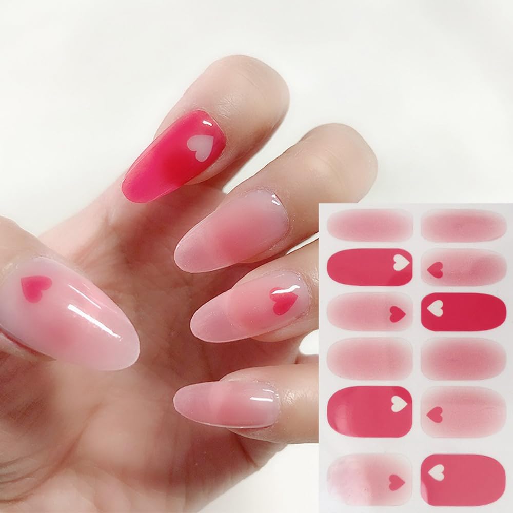 S.A.V.I 12PCS - Nail Stickers Gel Effect, Translucent Red Pink with Heart Print, Full Cover Nail Art Decoration