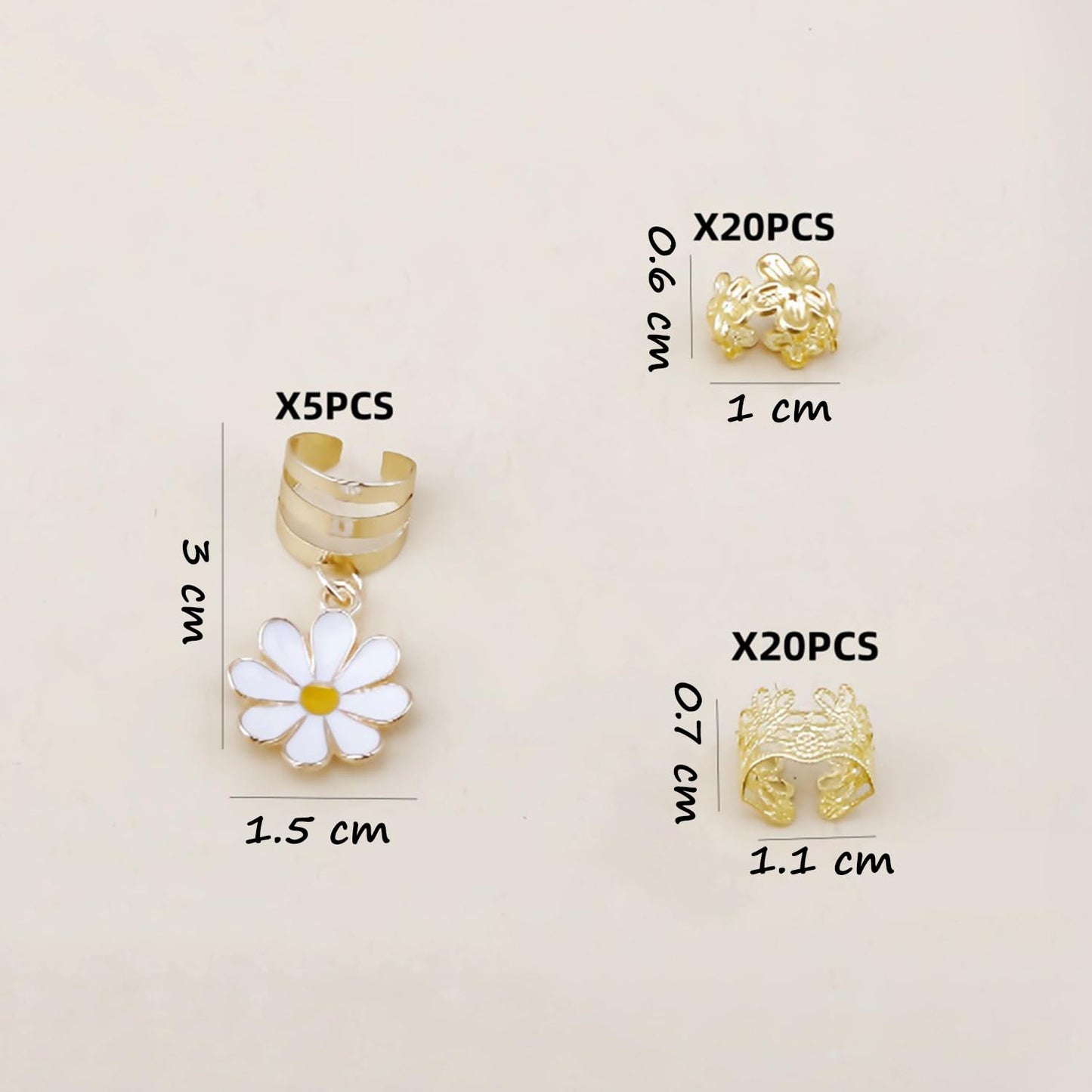 S.A.V.I 45 Pcs Daisy Flower Hair Braid Rings Set for Women & Girls, Gold Metal Dreadlock Cuffs with White Floral Charms, Boho Braiding Accessories for Braids, Locs, Ponytails & Hair Styling