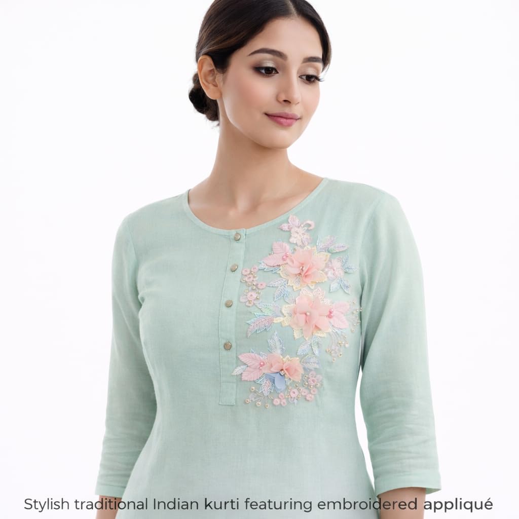 S.A.V.I Pastel Pink & Blue 3D Floral Embroidered Sew-On Appliqué Patch 37x37 cm, Net Fabric with Pearl & Bead Work for Kurti, Gown, Saree & Blouse Decoration (Right)