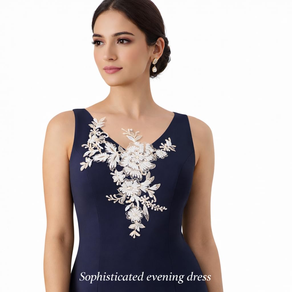 S.A.V.I White Floral Embroidered Lace Applique Patch 25 x 29 cm | Sew-On Net Fabric with Pearl Work | Bridal & Evening Gowns Motif for Sarees, Kurtis (White)