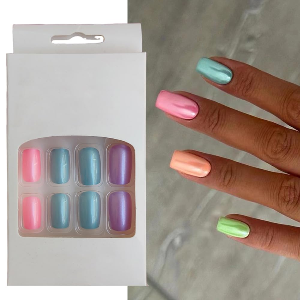 S.A.V.I Press-On Nails - 24 PCs Medium Square, Multicolor Fake Nails Set with Adhesive Tabs Glue