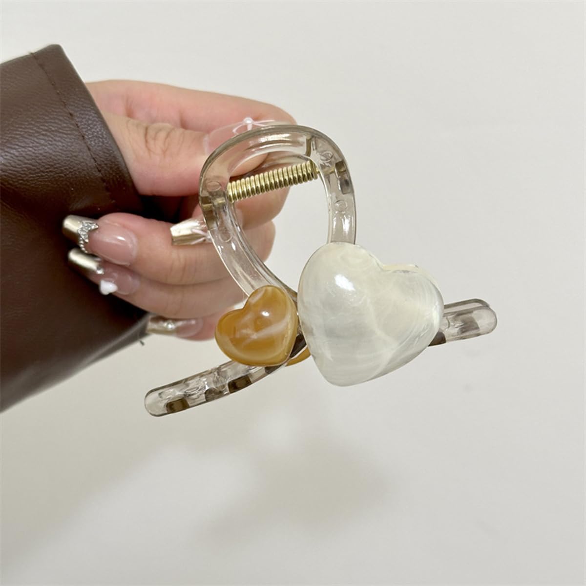 S.A.V.I Heart Design Hair Claw Clip for Women & Girls | White & Brown Marble Look Acrylic Clutcher | 8cm Strong Grip Stylish Hair Accessory for Daily & Party