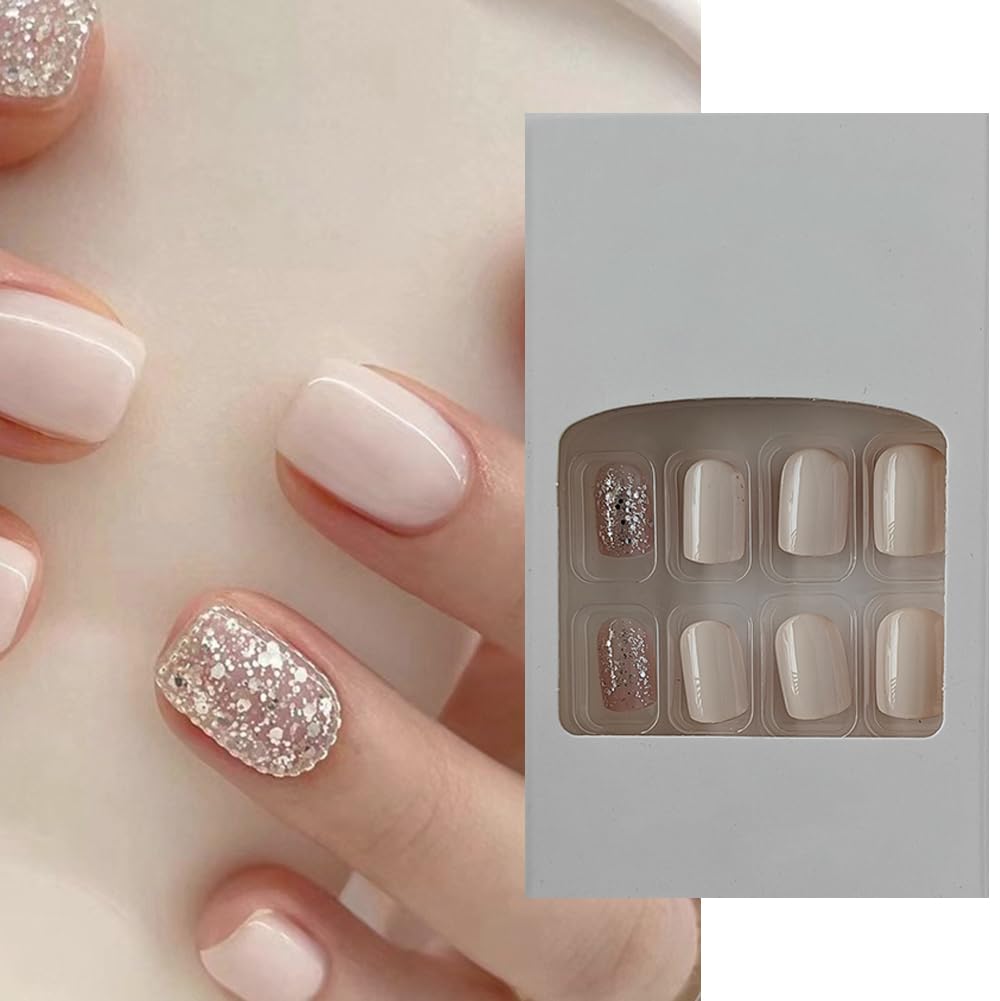 S.A.V.I 24 PCs Reusable Short Natural Shape Milky White Silver Glitter Press-on Fake Nails - DIY Manicure Set, Easy to Apply, Long-Lasting, For Any Occasion