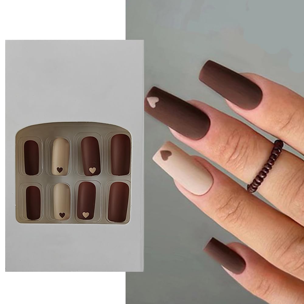 S.A.V.I 24 PCs Reusable Long Square Shape Nude and Brown Heart Print Press-on Fake Nails | DIY Manicure | Durable, Easy Application, and Stylish Design | For Home or Salon Use