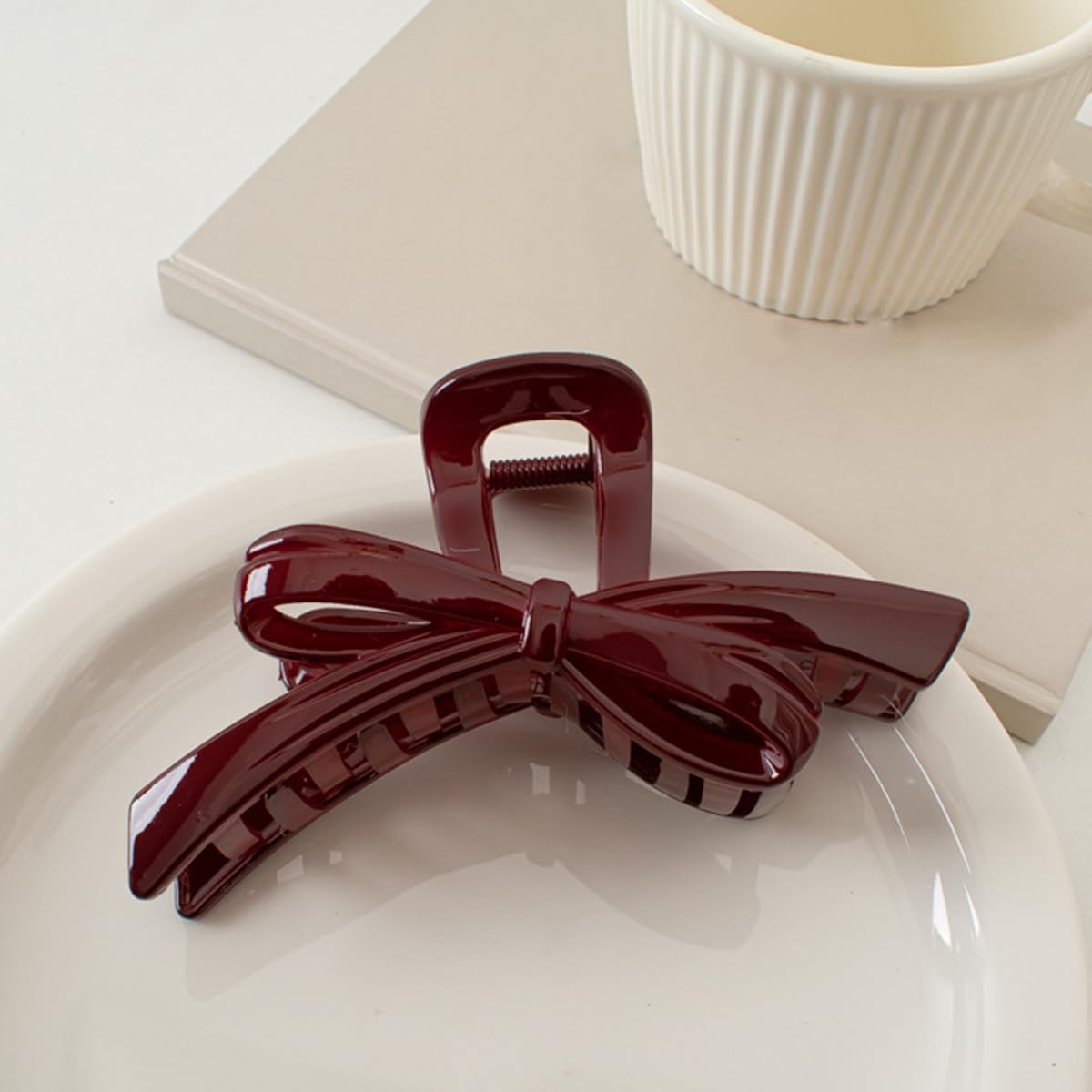 S.A.V.I Maroon Bow Hair Claw Clip 13 cm | Large Glossy Acrylic Clutcher for Women | Strong Hold Grip for Thick Hair | Stylish Everyday Party Hair Accessory