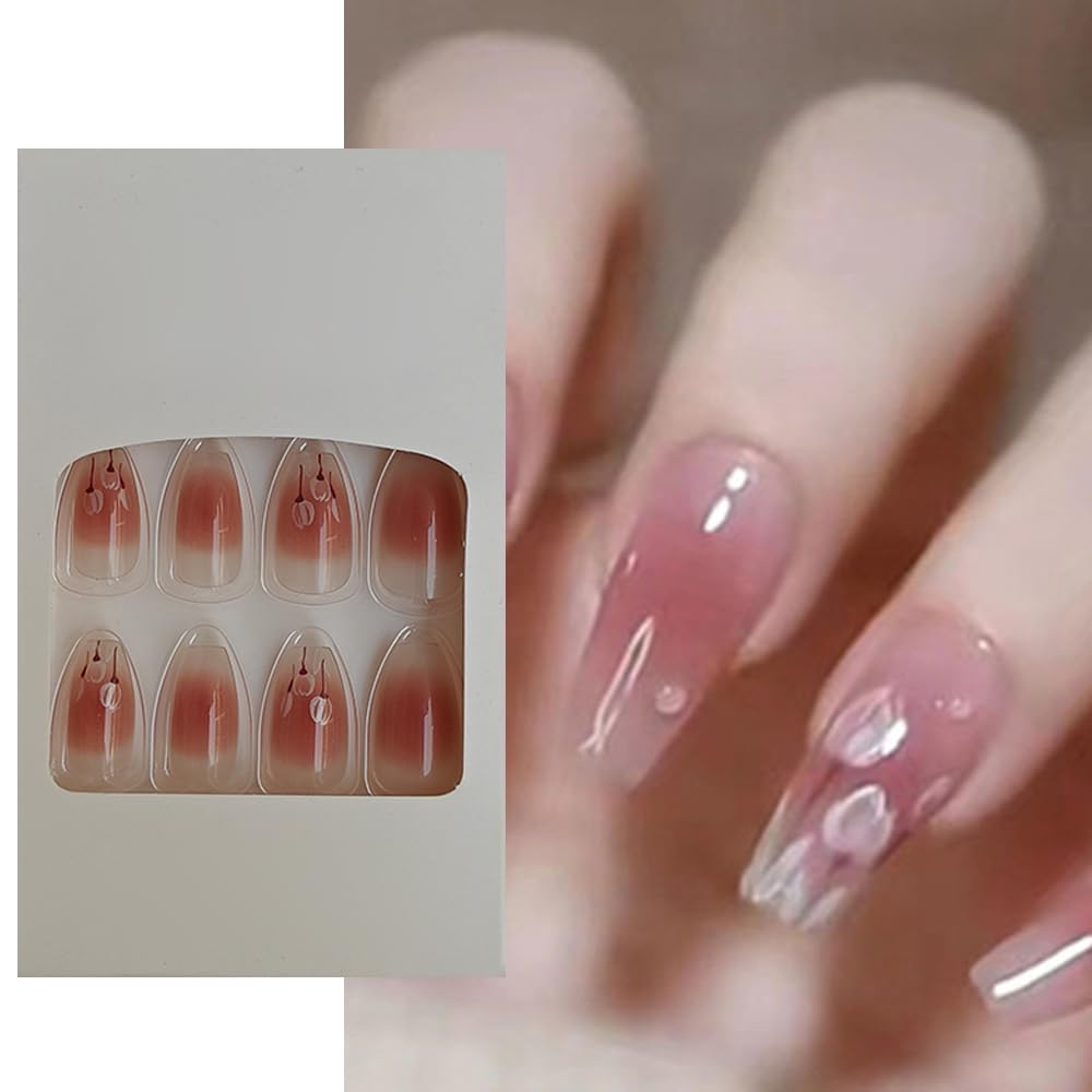 S.A.V.I 24 Pcs Long Coffin Shape Press-On Nails - Nude Pink Blush Tulip Print | DIY Artificial False Nails Set | Natural Look, Easy Application for Women Girls | Durable Reusable False Nails
