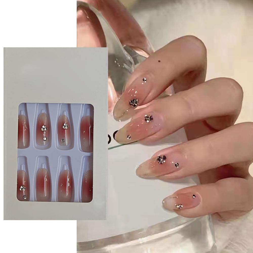 S.A.V.I 24 PCs Long Nude Press-On Nails with Rhinestones | Reusable Round Shape Fake Nails for Women | Easy 1-Minute Application | Stylish Manicure Set for Parties| Elegant Nail Art Tips