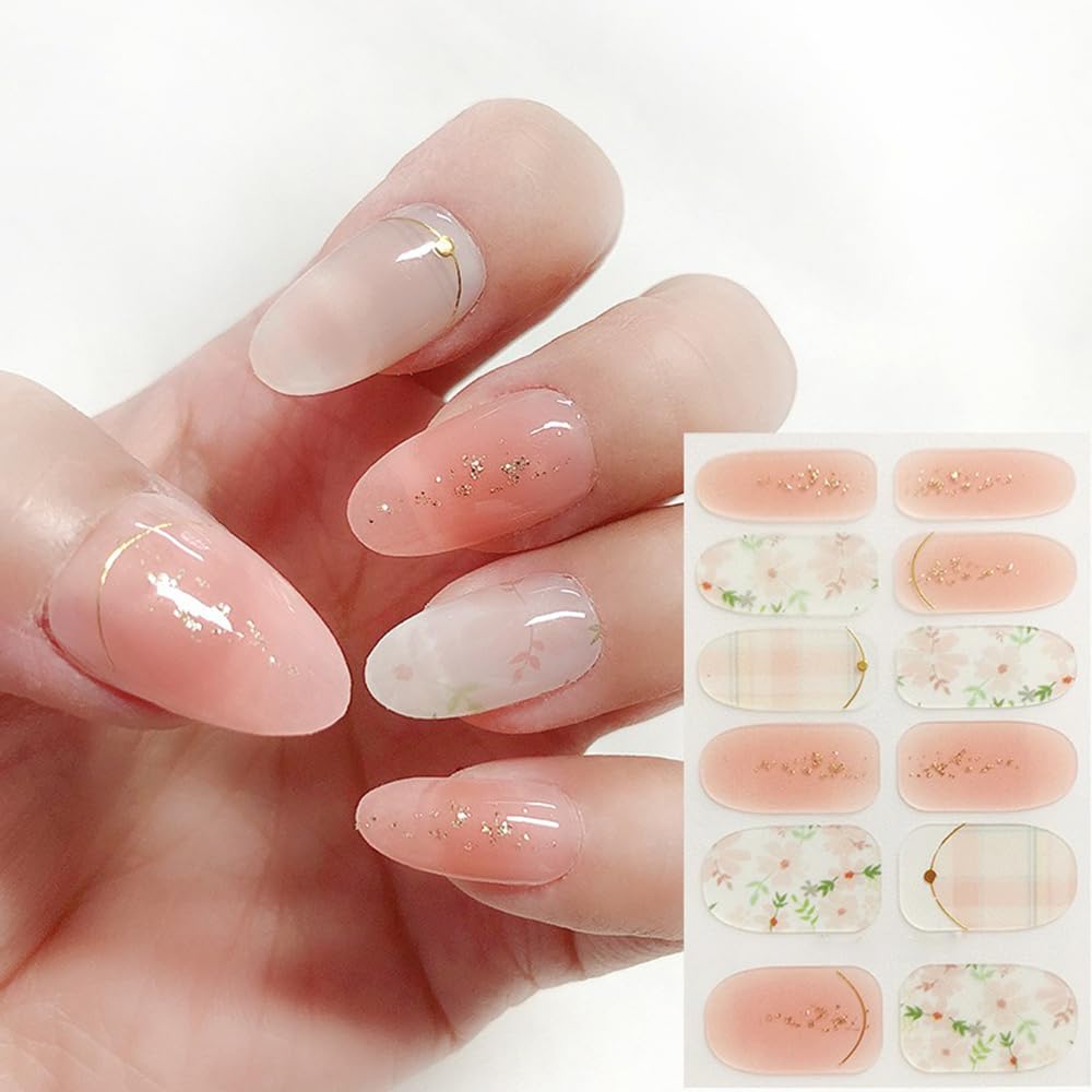S.A.V.I 12PCS Peach Glitter Floral Pattern Print Gel Effect Full Nail Stickers | Long-Lasting Nail Art Decoration | Easy Application | Trendy Manicure for All Occasions