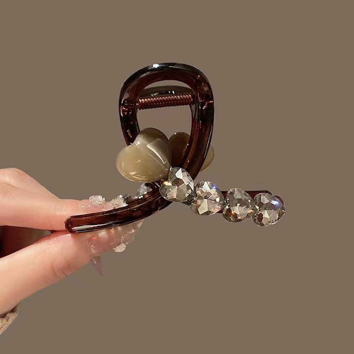 S.A.V.I Women’s Brown Crystal Heart Hair Claw Clip 8cm Premium Acrylic Tortoise Shell U-Shaped Hair Clutcher with Strong Grip for Stylish Daily & Party