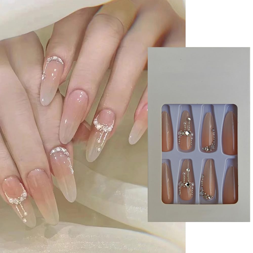 S.A.V.I 24 Pcs Long Nude Press-On Nails with Rhinestones Pearls | Reusable False Nails with Glue Adhesive Tabs | Elegant Artificial Nail Set for Women Girls | DIY Manicure at Home | Salon-Quality Look