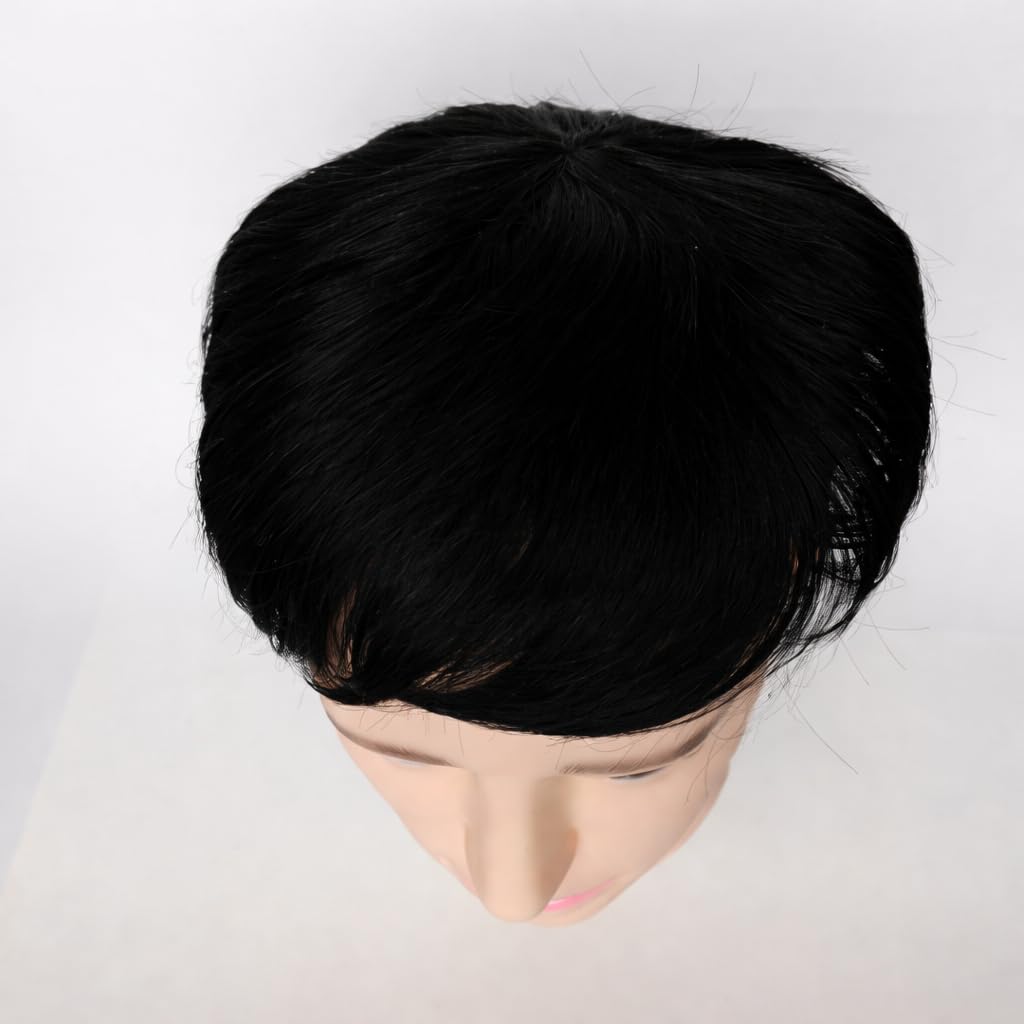S.A.V.I Men’s Black Hair Topper Wig, Natural Crown Toupee, Straight Synthetic Hairpiece with Breathable Lace Base, Secure Clips, Hand-Tied Lightweight for Natural Look