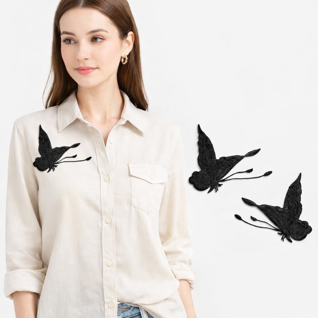 S.A.V.I Black Embroidered Butterfly Applique Patch Pair (Left & Right), Sew-On Fabric Motif 12.5 x 9.3 cm, Thread Work for Dresses, Shirts, Denim, DIY Fashion (Black)