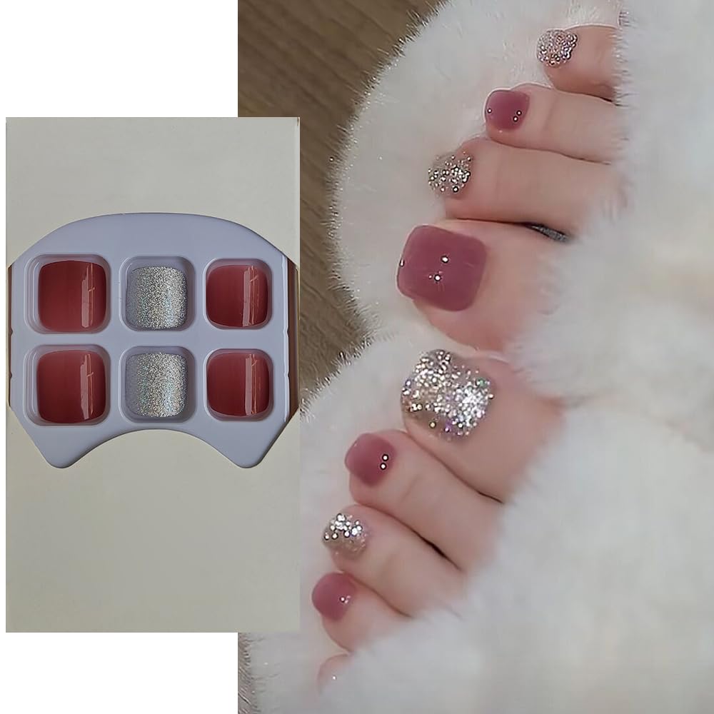 S.A.V.I 24 PCs Pink Gold Glitter Press-On Toe Nails | Short Natural Shape | Reusable Fake Toenails for Women | Easy Application | Salon Finish Nail Art Set for Party | Trendy Durable