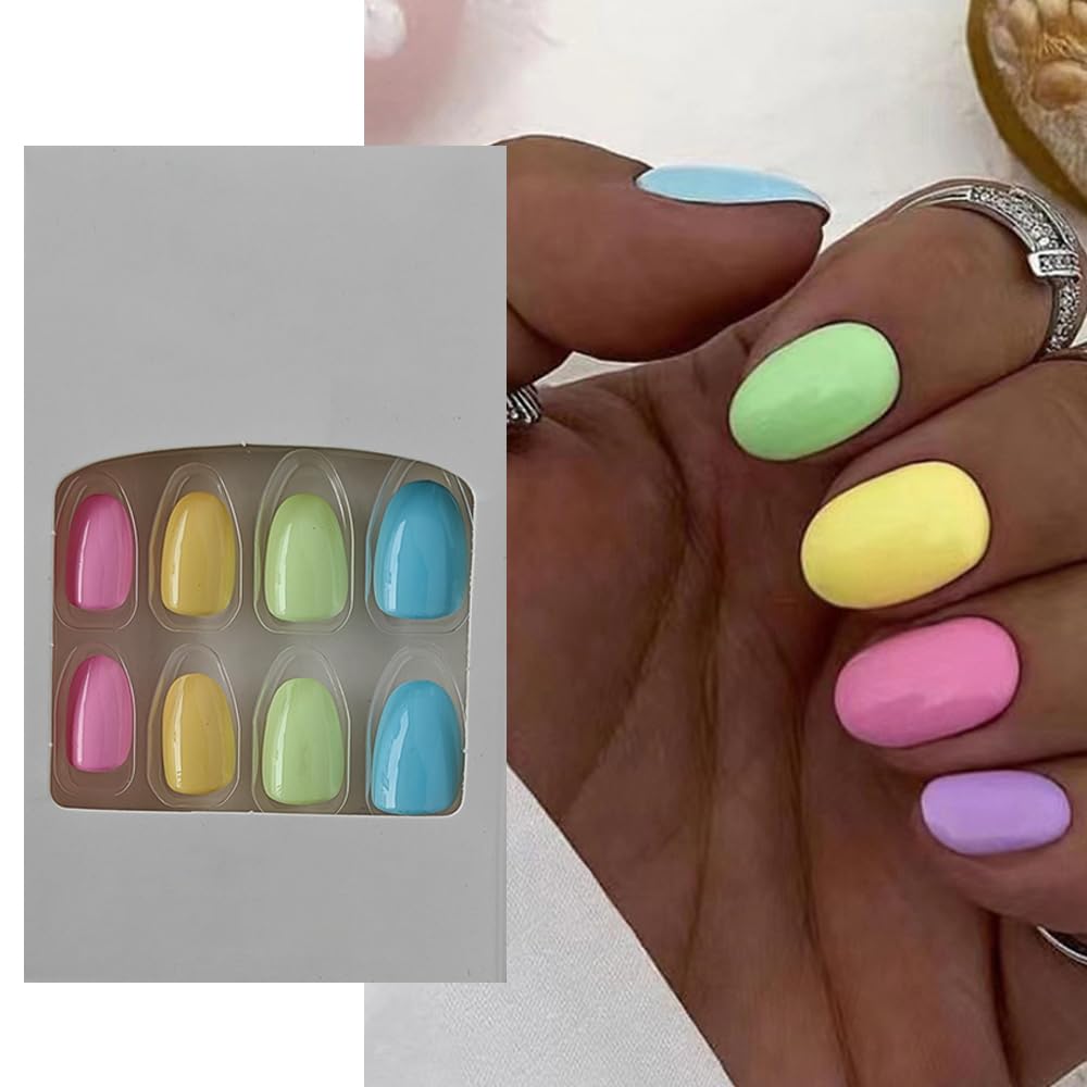 S.A.V.I 24 PCs Multicolor Short Round Press-on Fake Nails | DIY Manicure Kit | Easy Application | Durable Reusable | For Quick Salon-Quality Nails at Home | Trendy Colors Designs