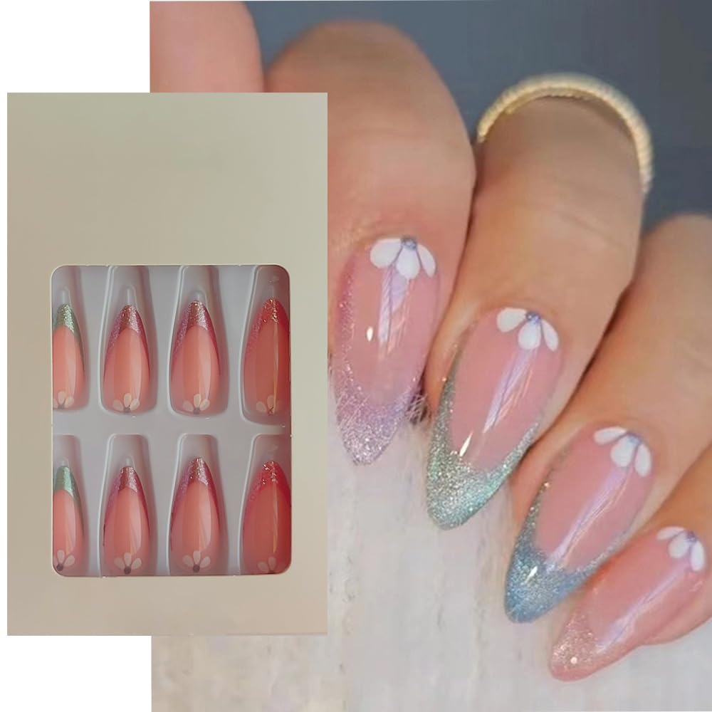 S.A.V.I 24 PCs Glitter Floral Almond Shape Press-On Nails - Multicolor Fake Nails Set with Adhesive Tabs Liquid Glue Included