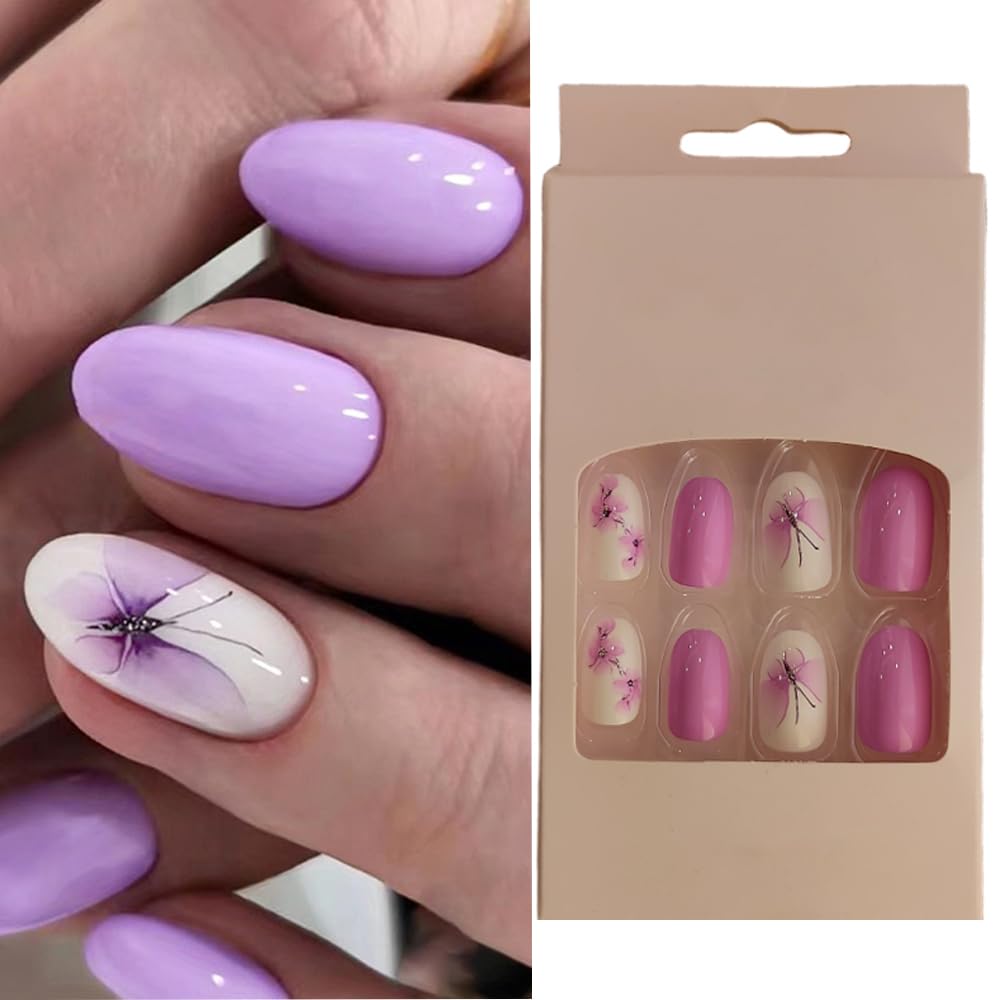 S.A.V.I Press-On Nails - 24 Pc Purple White Floral, Medium Length with Glue Tabs
