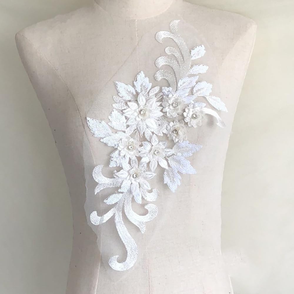 S.A.V.I 3D Floral Applique Patch – White Embroidered Lace Mesh Fabric with Beads Sequins | 15.3x7.5 in | DIY Sewing Patch for Bridal, Lehenga, Saree, Blouse, Gown, Dress Craft Accessories
