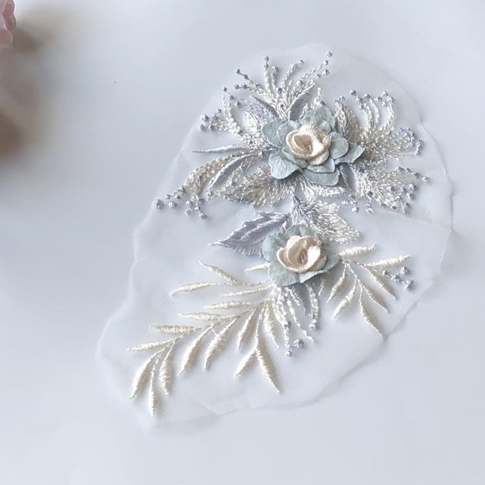 S.A.V.I 1PC 3D Flower Embroidery Patch Mesh Fabric Lace Applique | Sew-on Wedding Dress Clothes Decoration | DIY Craft | 21.5x12CM | Elegant Floral Design | Best for Bridal Gowns DIY Projects (Blue)