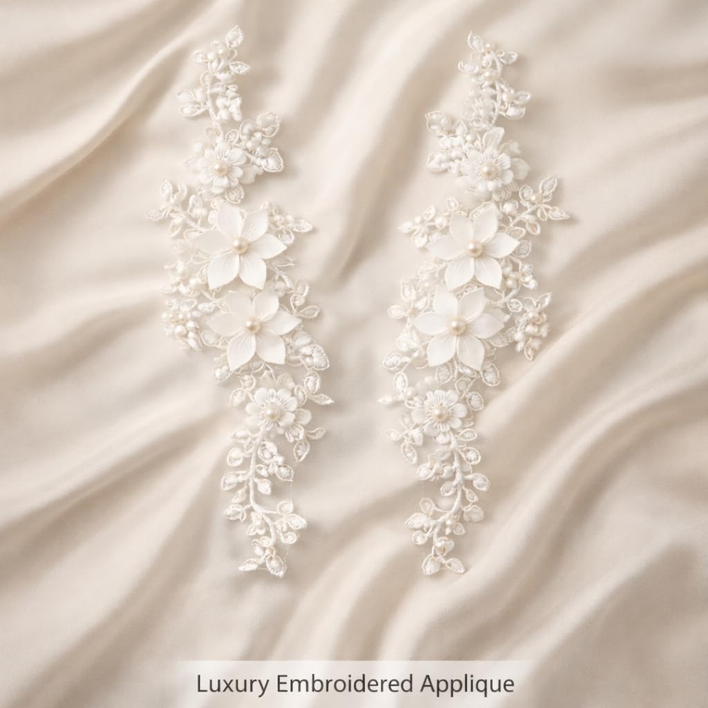S.A.V.I White Floral Embroidered Lace Appliqué Pair 12 x 30 cm, Pearl Beaded 3D Neckline Patch on Premium Net Fabric for Sewing, Craft Decoration, Dresses, Blouses & Gowns (White Flowers)