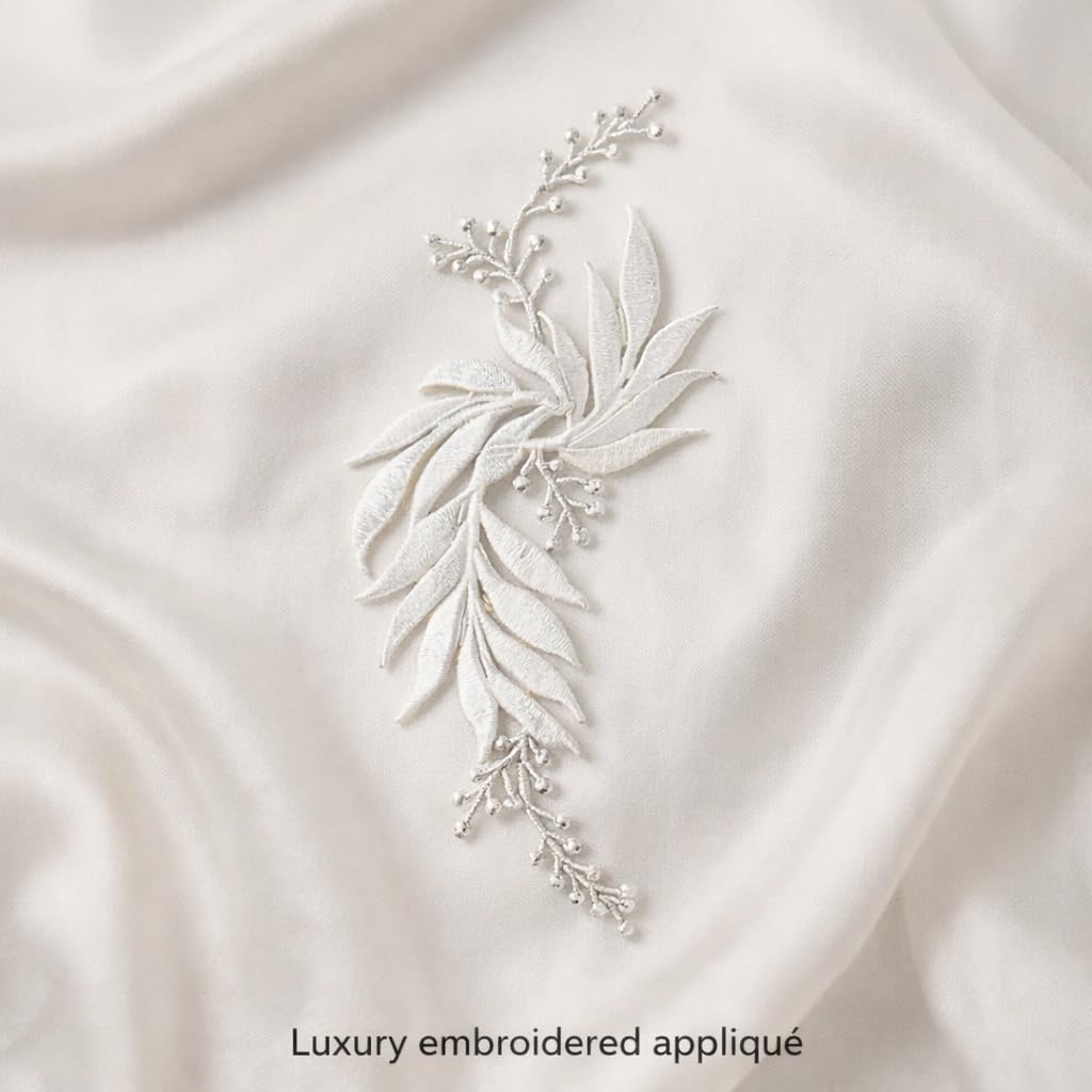 S.A.V.I White & Silver Floral Iron-On Embroidered Appliqué Patch 7.5 x 17 cm | Leaf Motif Threadwork Design for Dresses, Sarees, Blouses & DIY Fabric Craft (Left, White, 7.5 x 17 cm)