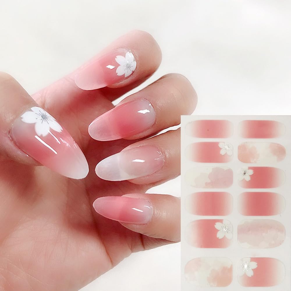 S.A.V.I 12PCS - Nail Art Stickers Peach Nude Translucent Gel Effect, Cherry Blossom Print, Full Nail Decoration, Long-Lasting