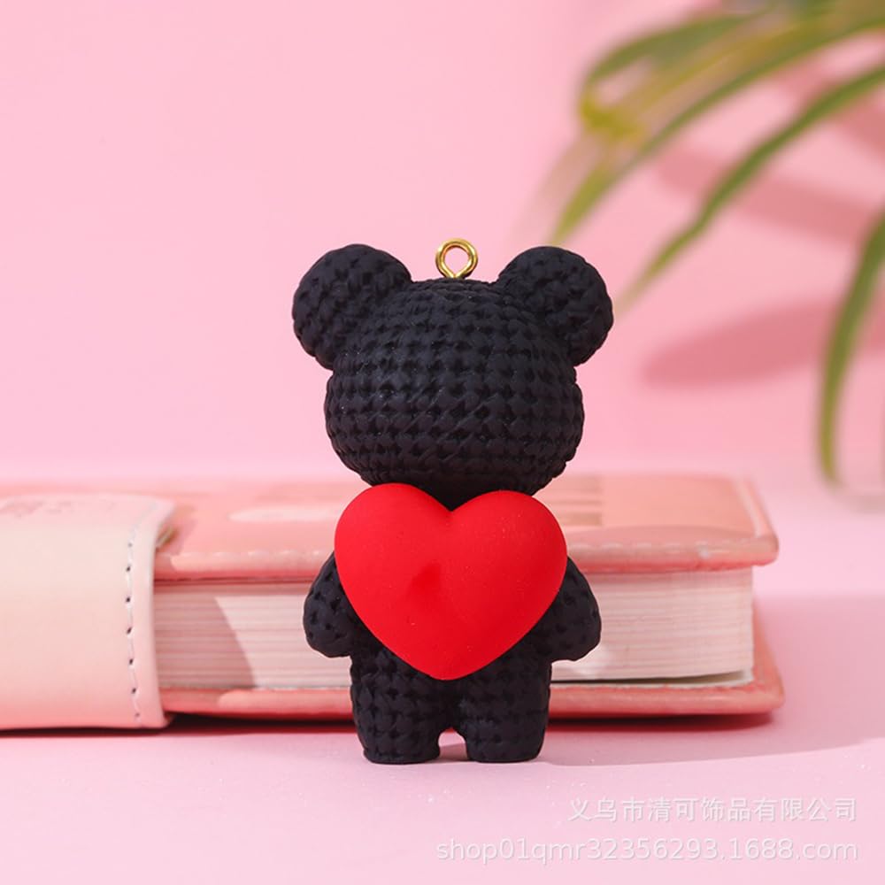 S.A.V.I Cute Black Bear Keychain with Heart Charm | Resin Mini Teddy Pendant 6cm | Braided PU Leather Wrist Strap | Lightweight Gold Key Ring for Girls, Women (Black)