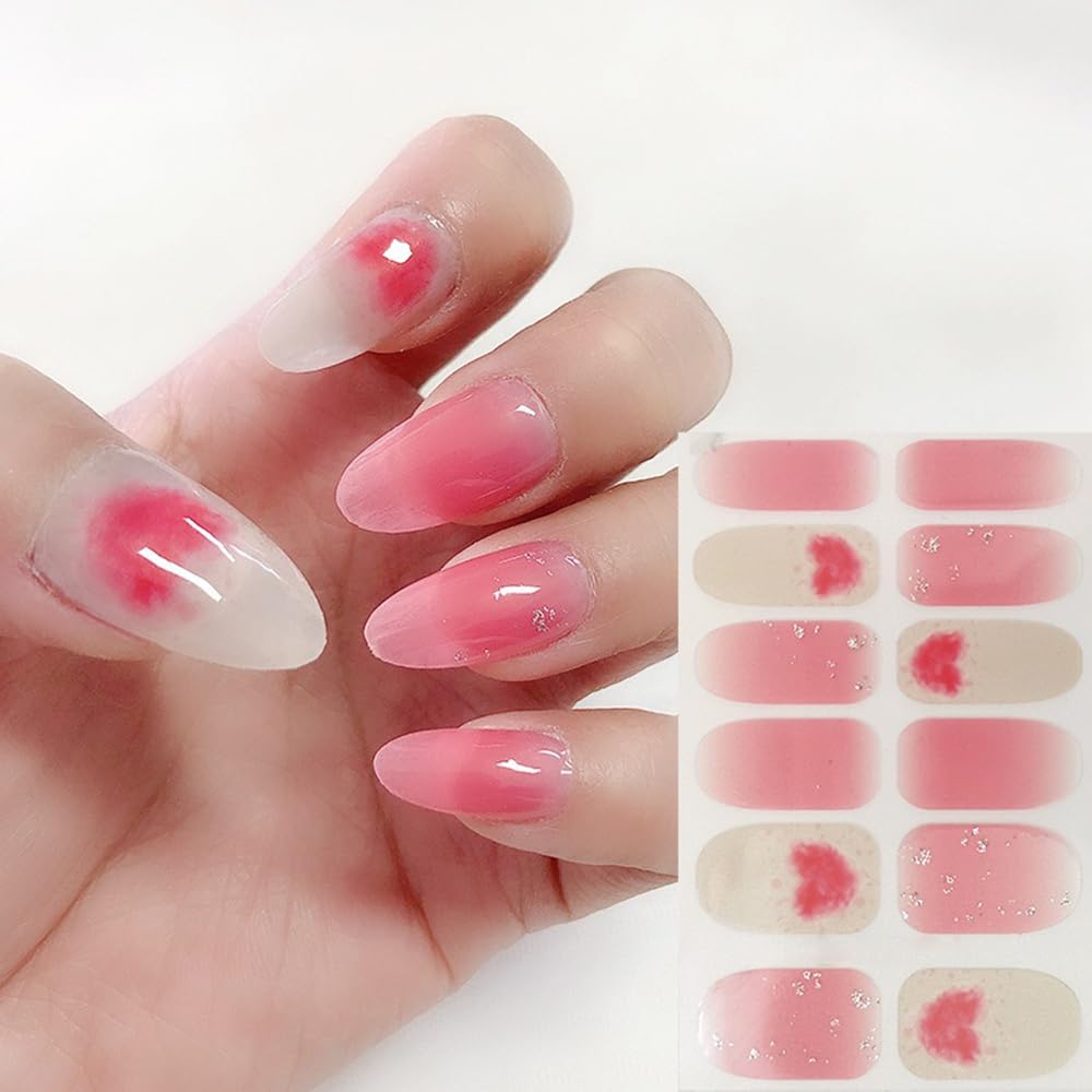 S.A.V.I 12PCS Nail Stickers - Pink Nude Gel Effect with Blush Heart Print, Full Nail Art Wrap, Easy Apply Long Lasting
