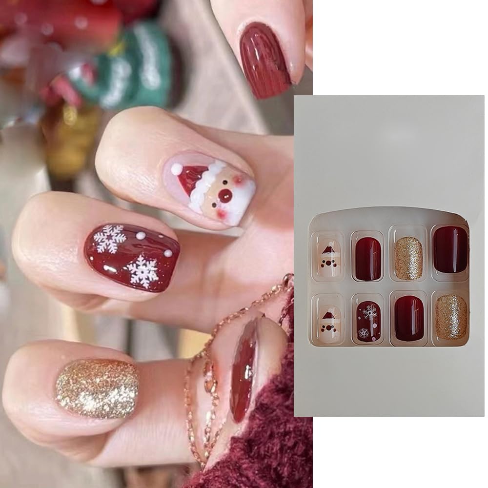 S.A.V.I 24 Pcs Christmas Special Fake Nails | Short Natural Shape | Wine Red, Gold Glitter Santa Design | DIY Press-On Nails for New Year Festive Look | Durable Comfortable Nail Art