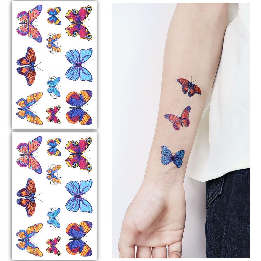 S.A.V.I 2 Sheets - Vibrant Butterfly Temporary Tattoos for Kids Adults, Long-Lasting Waterproof, Easy to Apply Remove, Ideal for Parties, Festivals Events - 7.5cm x 12cm Each Sheet