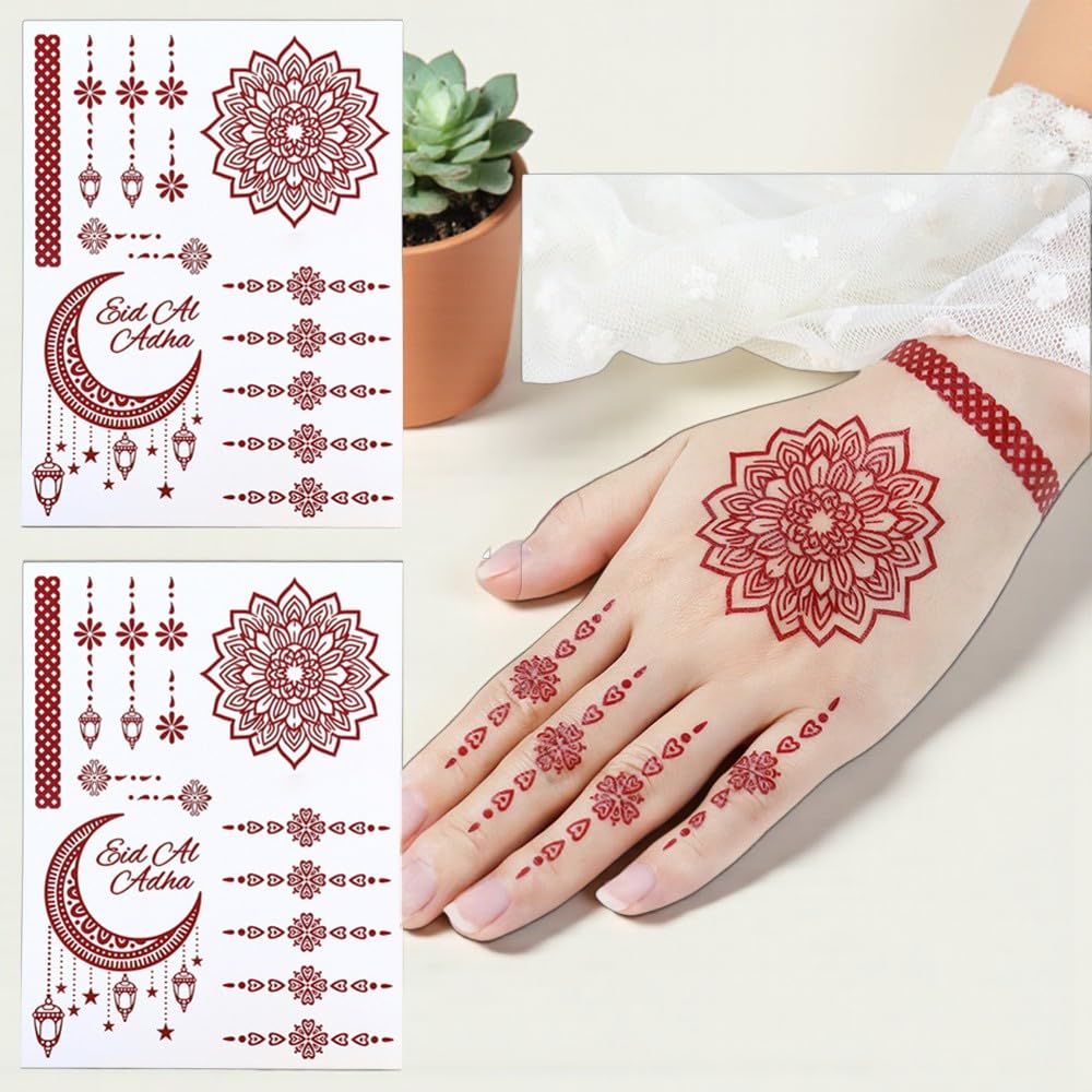 S.A.V.I 2Pcs Natural Islamic Henna Mehndi Temporary Tattoo Stickers for Women – Crescent Moon, Mosque & Mandala Design, Waterproof Skin-Safe Transfer Body Art for Eid, Nikah & Festivals (#53)