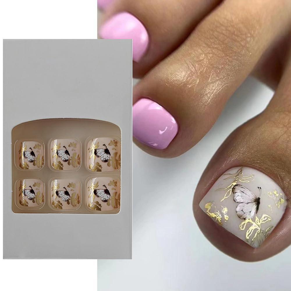 S.A.V.I 24 PCs Short Natural Shape Nude Pink Butterfly Print Toe Nails - Press-on Fake Nails for DIY Pedicure | Long-Lasting, Easy to Apply, Perfect for Home Manicure Online at Low Prices in India