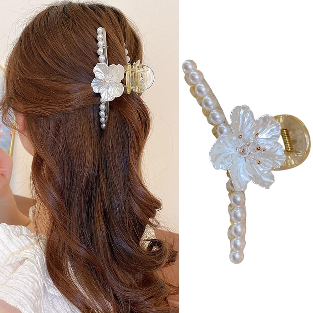 S.A.V.I White Gold Shell Flower Pearl Hair Clip for Women | Stylish Big Floral Design | Elegant Wedding, Party Hair Accessory | (1 Pc)