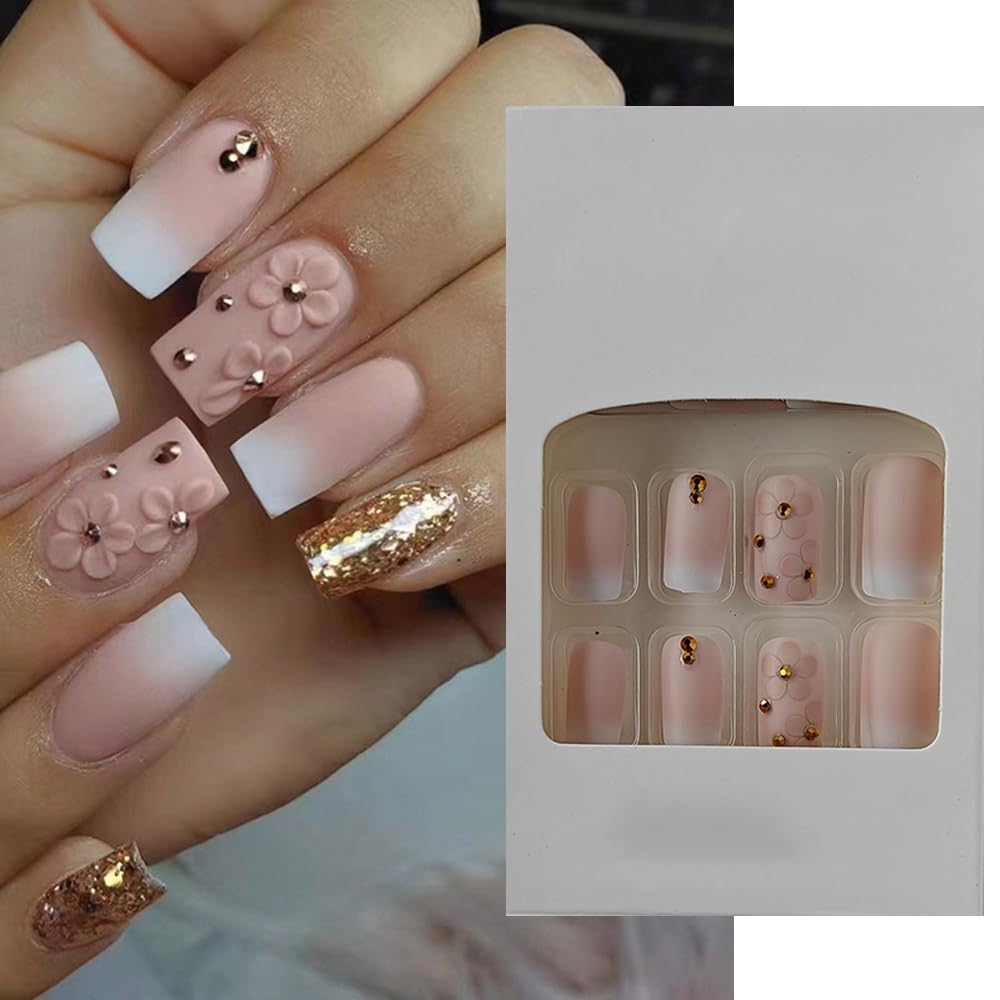 S.A.V.I 24 PCs Reusable Long Square Shape Gradient Nude White Gold Glitter 3D Flower Press-on Fake Nails | DIY Manicure Kit | Stylish, Durable, Easy Application | Salon-Quality Nails at Home