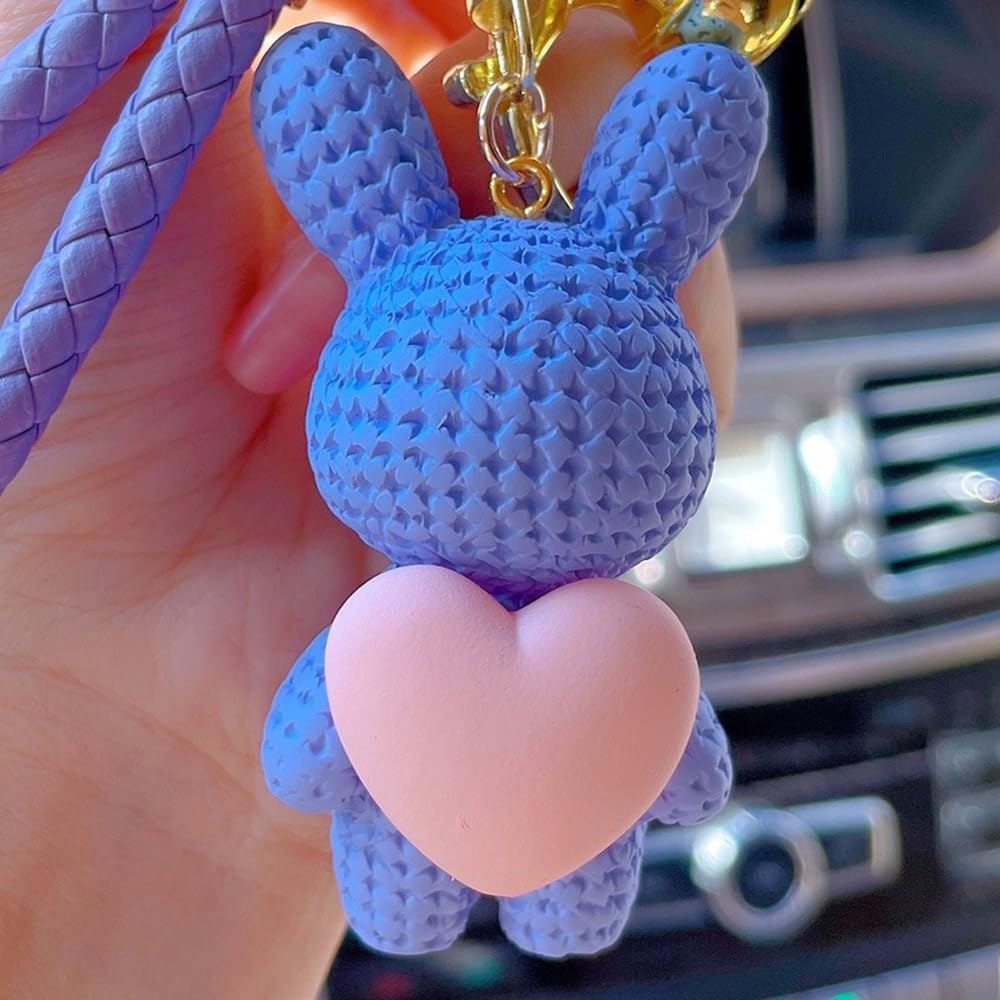 S.A.V.I Bunny Keychain Resin Bag Charm Purple with Heart Pendant | Braided Wrist Strap, Gold Bell Accent, 7 cm Pendant, for Backpacks & Handbags, for Women & Girls