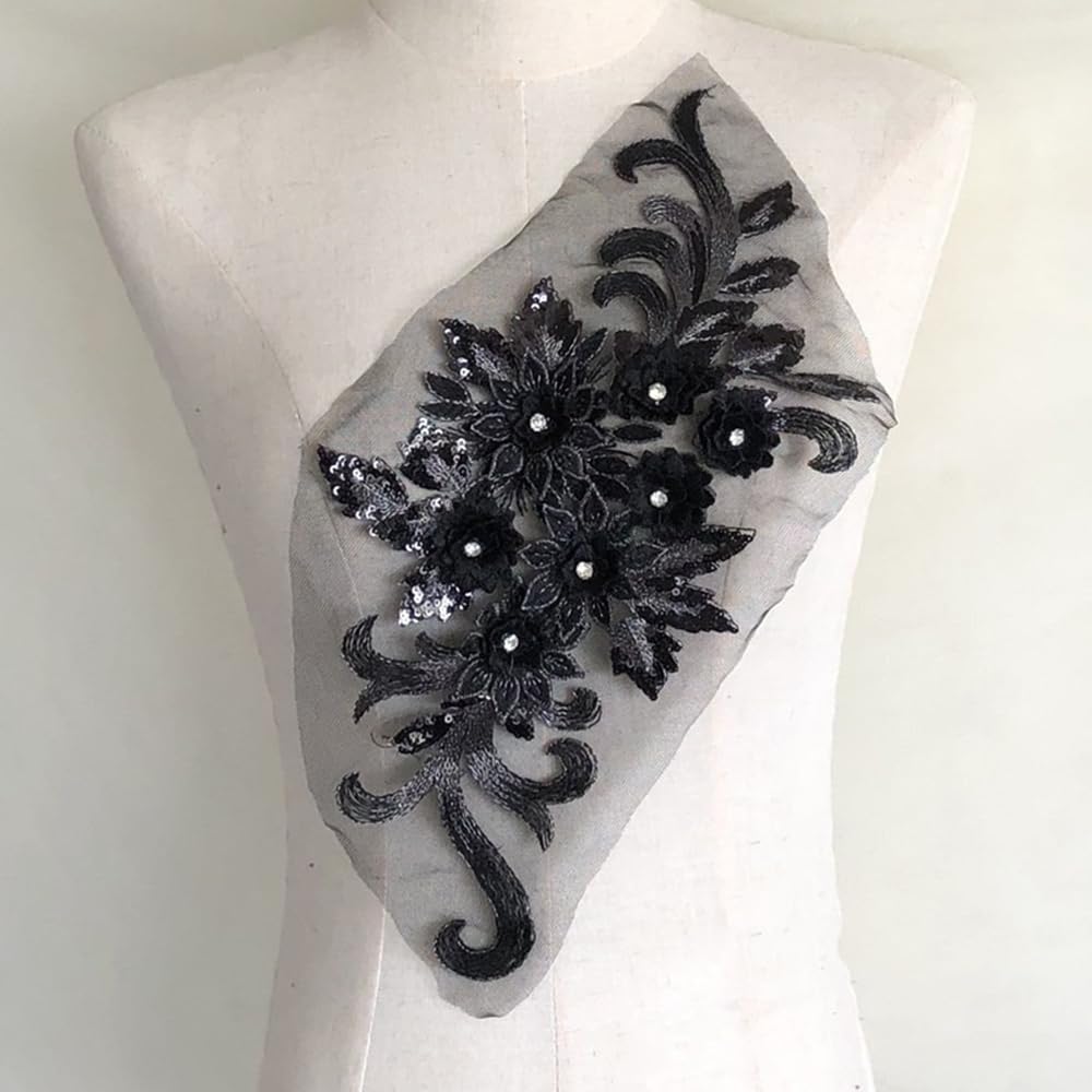 S.A.V.I 3D Black Embroidered Applique Patch | Floral Lace Mesh with Beads Sequins | 15.3x7.5 inch | DIY Bridal, Lehenga, Saree, Gown, Dress, Blouse Craft Sewing Accessory | 1PC (Black)