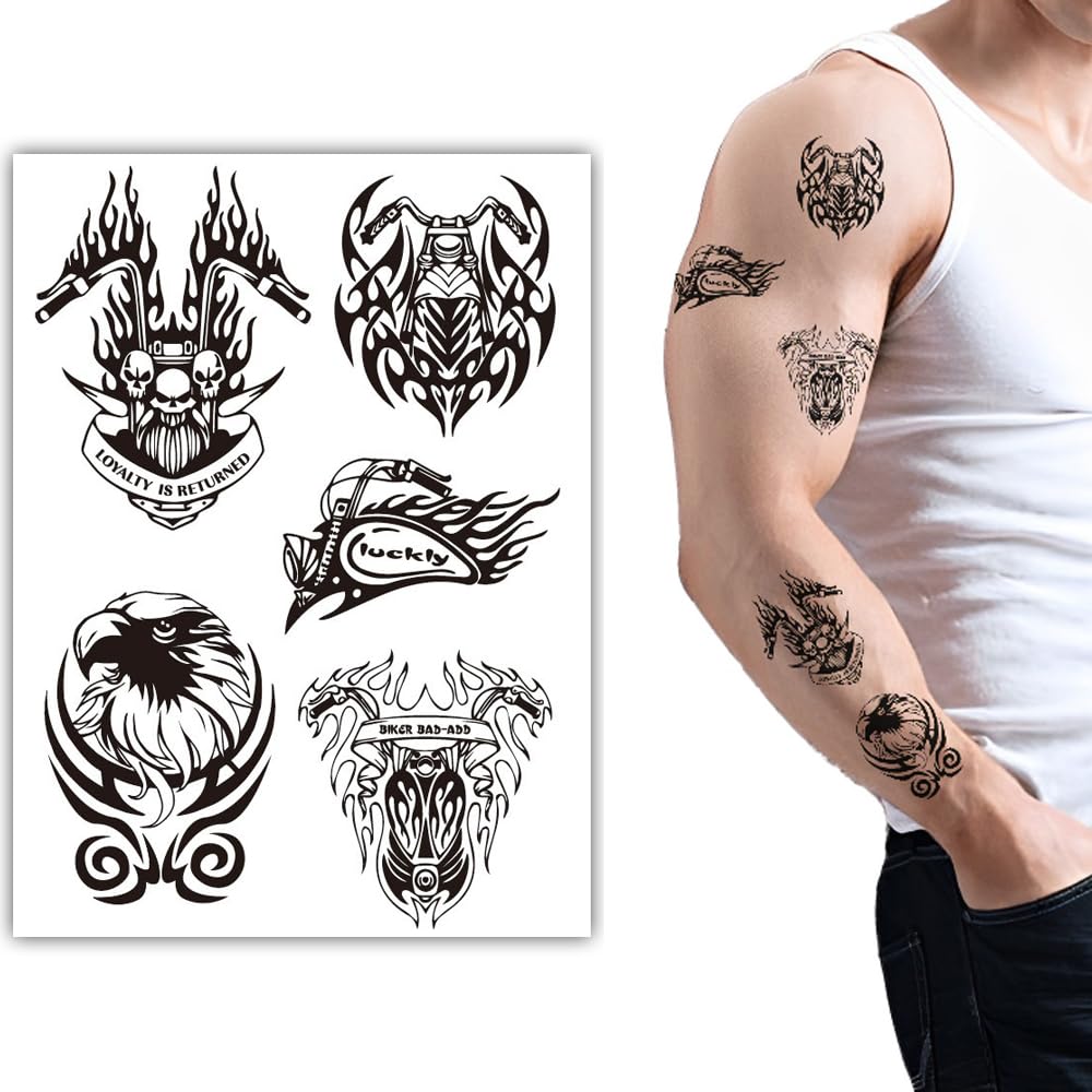 S.A.V.I 1Pc Black Tribal Design Temporary Tattoo Sheet (21x15 cm) - Waterproof Arm Shoulder Stickers for Men | Bold Stylish Body Art with Eagle, Skull Bike Themes | Easy Apply Remove