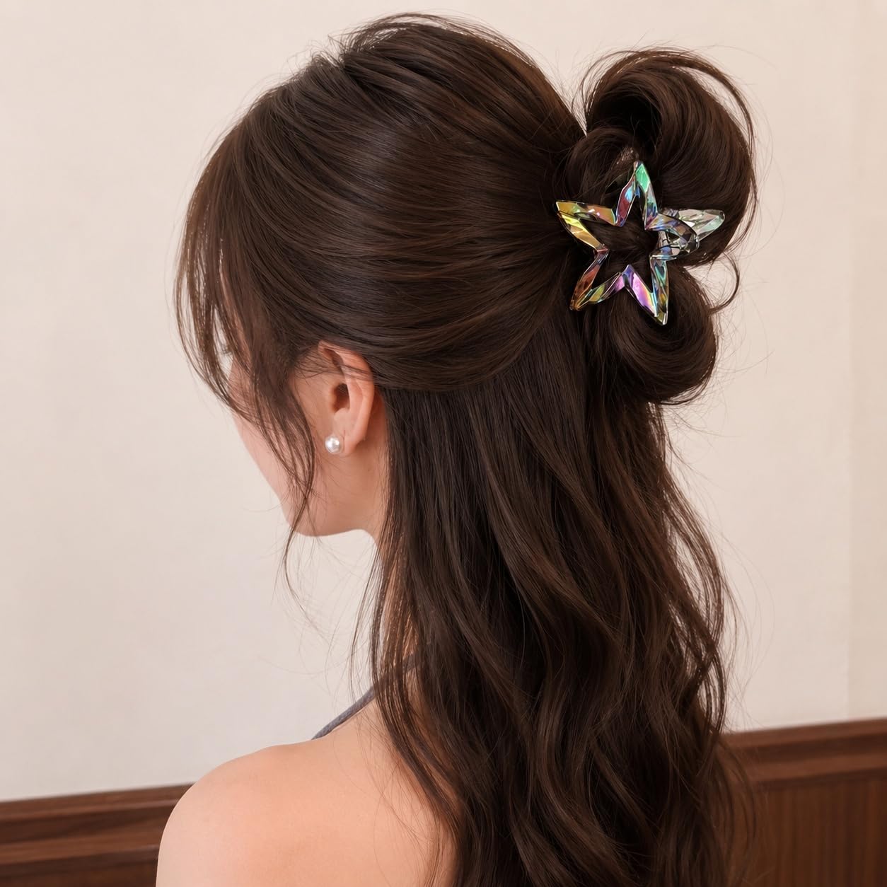 S.A.V.I Hair Claw Clip for Women Iridescent Star Grey 7 cm | Resin Material, Strong Grip, Casual & Party Use, Lightweight, For Girls