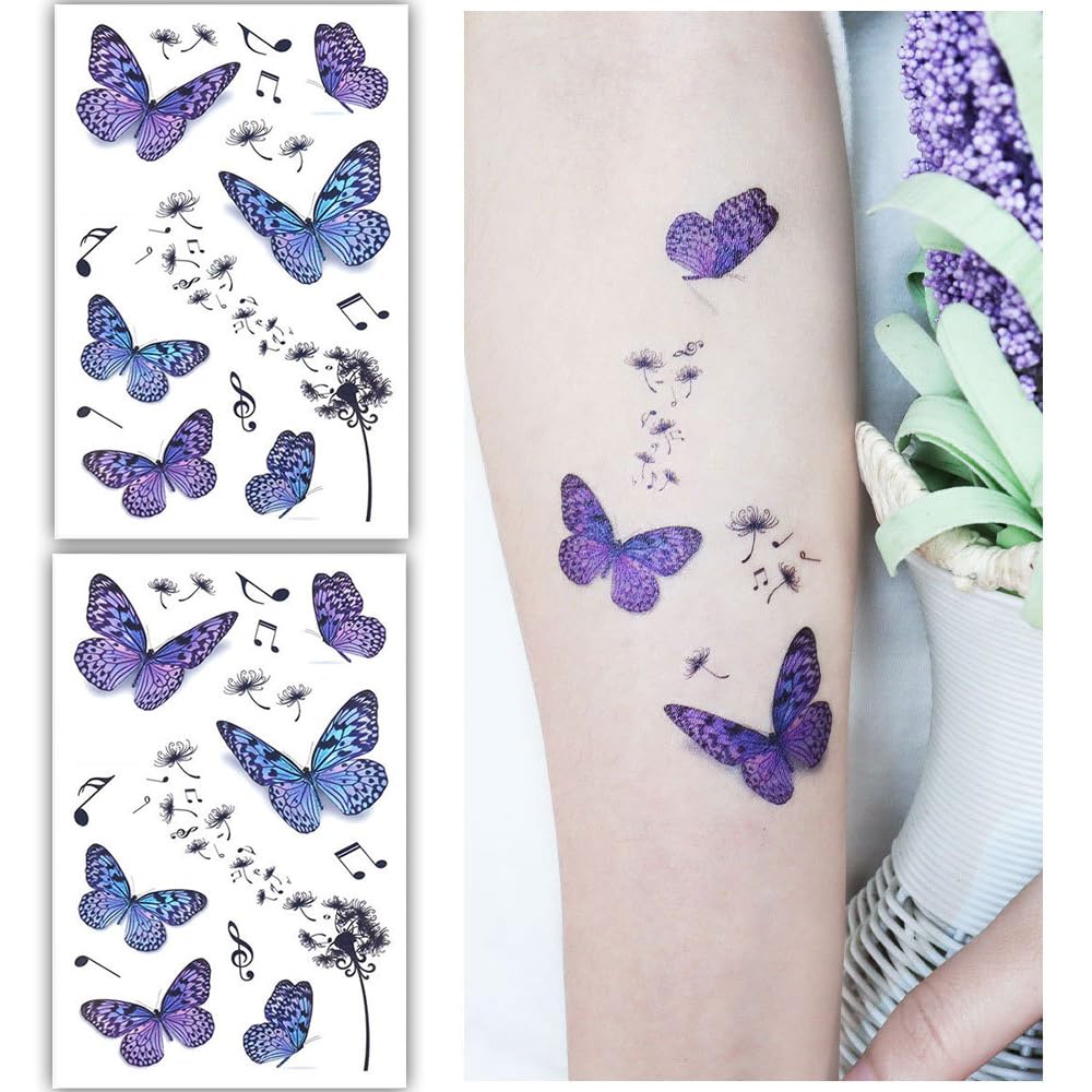 S.A.V.I 2 Sheets - Colorful Butterfly Temporary Tattoo Stickers - Vibrant Body Art with Music Notes Dandelion Designs - Perfect for Kids Adults - Durable, Waterproof, Easy to Apply - 12x7.5 cm