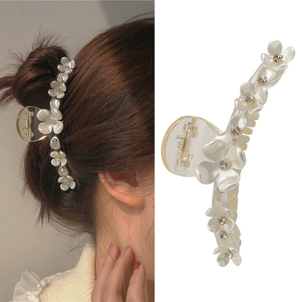 S.A.V.I 1 Pc Flower Crystal Hair Claw Clip for Women | Elegant Pearl Rhinestone Design | Stylish Big Hair Accessory for Party, Wedding Everyday Use